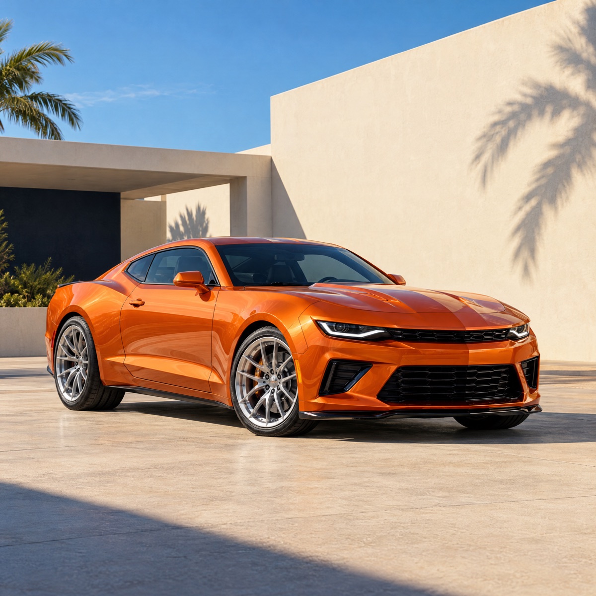 Bright orange performance coupe in a sunlit modern Florida courtyard — illustrative brand photography, not an inventory listing